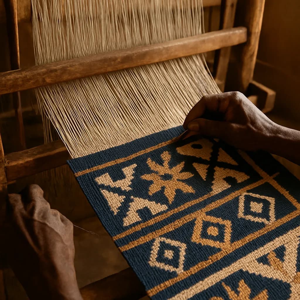 Mains d'artisans tissant le pagne Sénoufo au Waraniéné